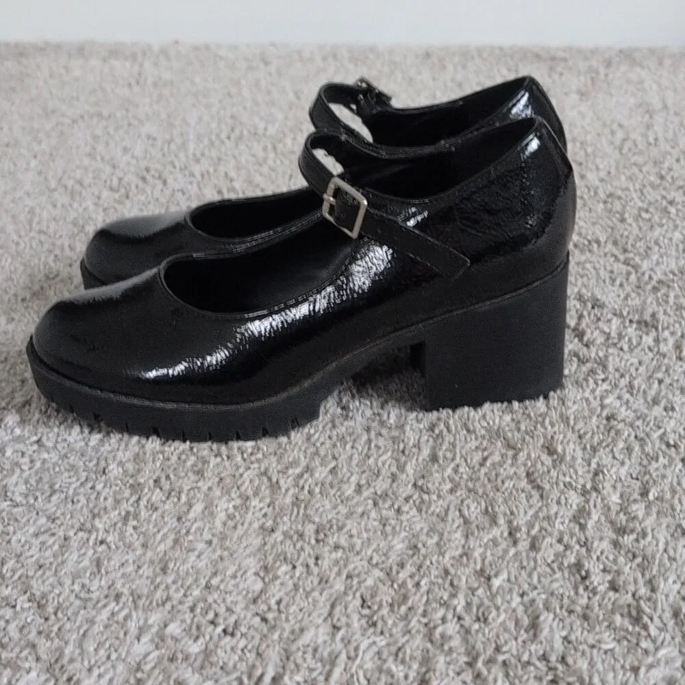 Soda Black Patent Leather Mary Jane Round Toe Ankle Strap Buckle Heels 7.5